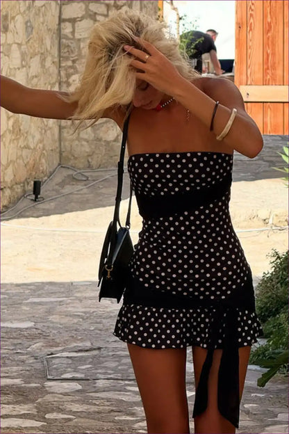Polka Dot Strapless Mini Dress with Asymmetric Tie - Retro Fun for Bodycon, Casual, Date Night, just In,