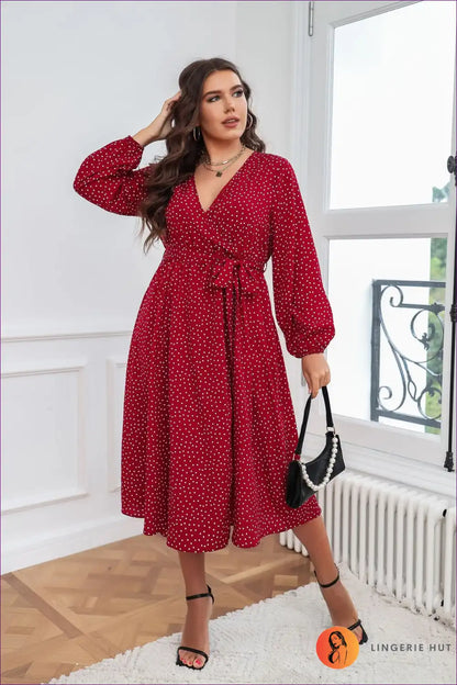 Polka Dot Wrap Dress with Long Sleeves and Belt for A-line, Autumn, Casual, Everyday,