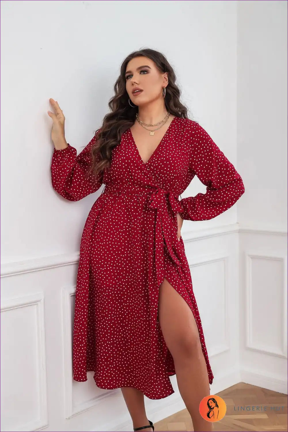 Polka Dot Wrap Dress with Long Sleeves and Belt for A-line, Autumn, Casual, Everyday,