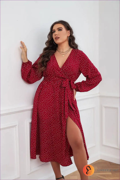 Polka Dot Wrap Dress with Long Sleeves and Belt for A-line, Autumn, Casual, Everyday,
