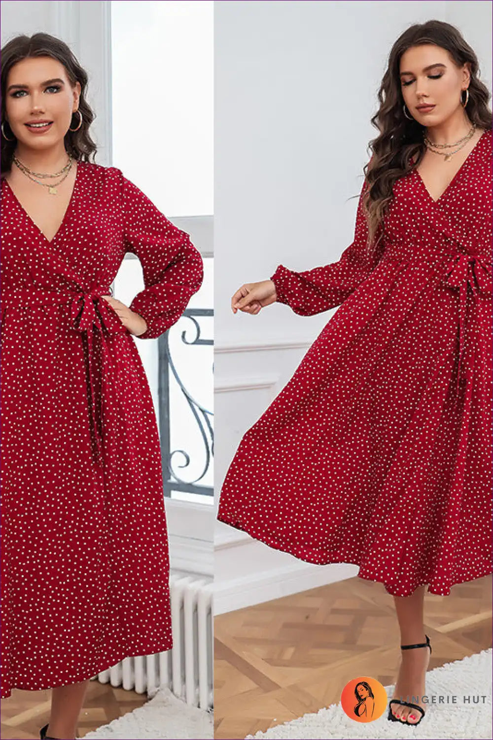 Polka Dot Wrap Dress with Long Sleeves and Belt for A-line, Autumn, Casual, Everyday,