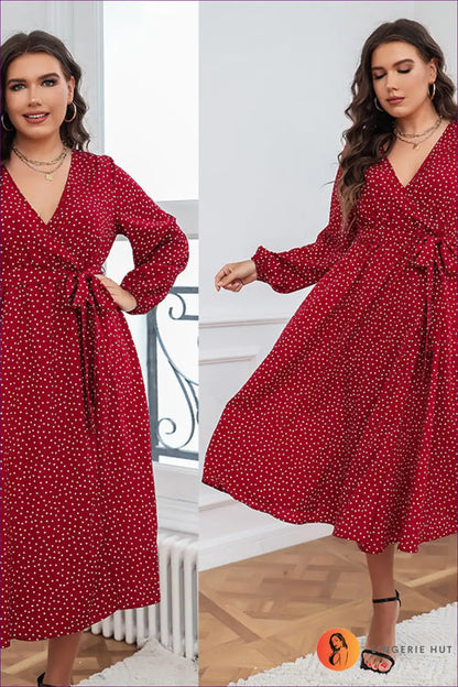 Polka Dot Wrap Dress with Long Sleeves and Belt for A-line, Autumn, Casual, Everyday,