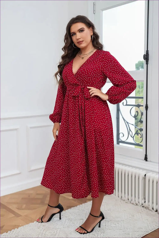 Polka Dot Wrap Dress with Long Sleeves and Belt for A-line, Autumn, Casual, Everyday,