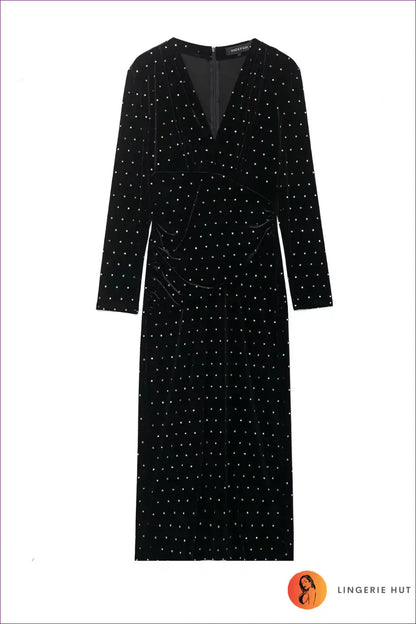 Polka Dot Wrap Midi Dress with Long Sleeves for Autumn, Casual, Dress, Everyday, Formal Wear