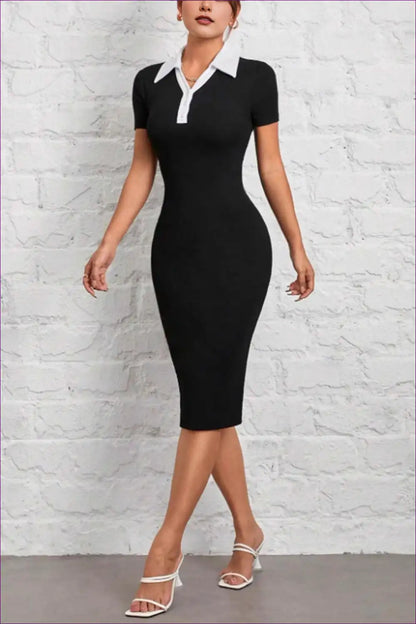 Polo Collar Midi Dress with Contrast Trim - Sporty Chic for a Line, Casual, Dress, Everyday,