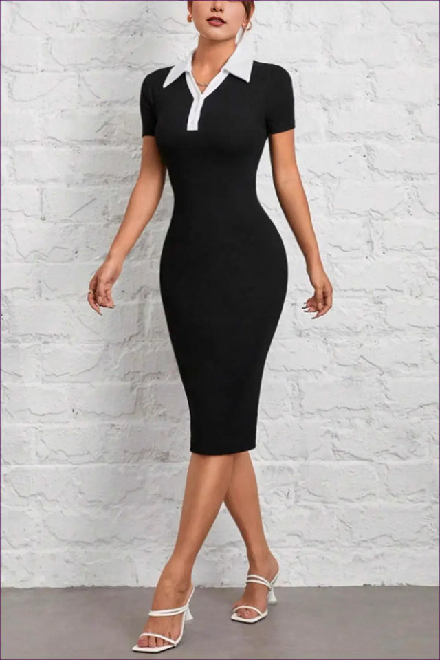 Polo Collar Midi Dress with Contrast Trim - Sporty Chic