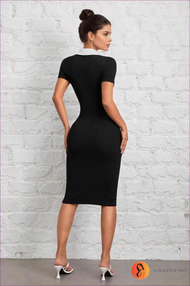 Polo Collar Midi Dress with Contrast Trim - Sporty Chic