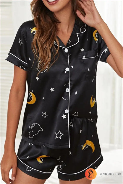 Polyester Pyjama Set with Shorts - Luxe Nights in - s / Black2 - Pajamas - Lingerie Hut - All Season • Casual