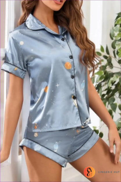Polyester Pyjama Set with Shorts - Luxe Nights in - s / Blue - Pajamas - Lingerie Hut - All Season • Casual • Everyday