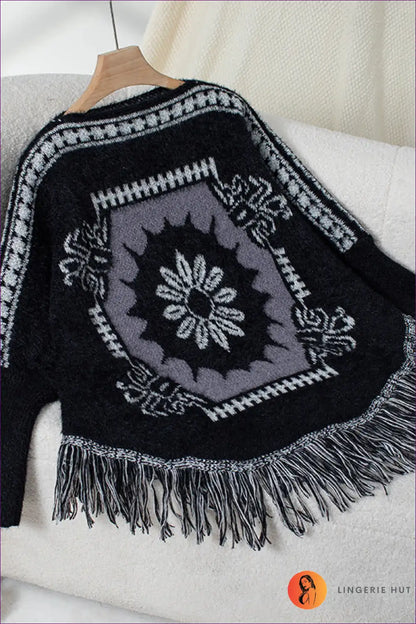 Poncho with Fringe Detail - Wanderlust Chic for All Season, Autumn, Boho, Casual, Everyday