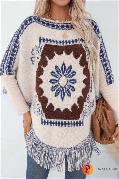 Poncho with Fringe Detail - Wanderlust Chic for All Season, Autumn, Boho, Casual, Everyday