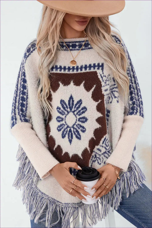 Poncho with Fringe Detail - Wanderlust Chic for All Season, Autumn, Boho, Casual, Everyday