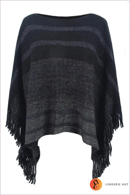 Poncho with Striped Fringe - Festival Season Essential for All Season, Autumn, Boho, Casual, Cover Up
