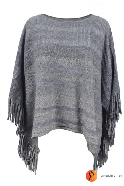 Poncho with Striped Fringe - Festival Season Essential for All Season, Autumn, Boho, Casual, Cover Up