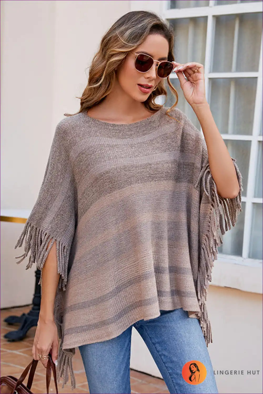 Poncho with Striped Fringe - Festival Season Essential for All Season, Autumn, Boho, Casual, Cover Up