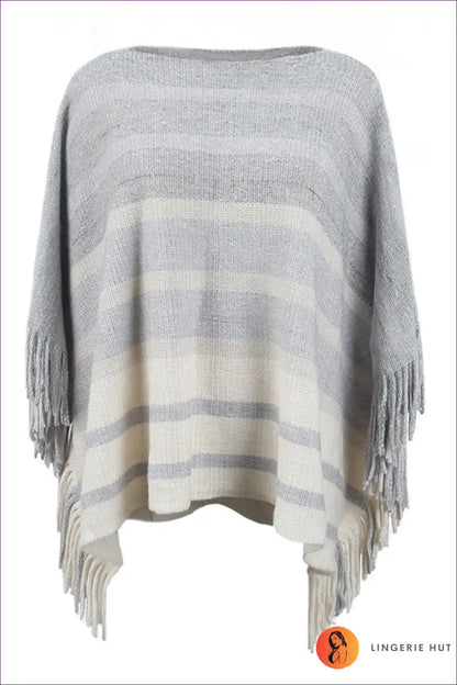 Poncho with Striped Fringe - Festival Season Essential for All Season, Autumn, Boho, Casual, Cover Up