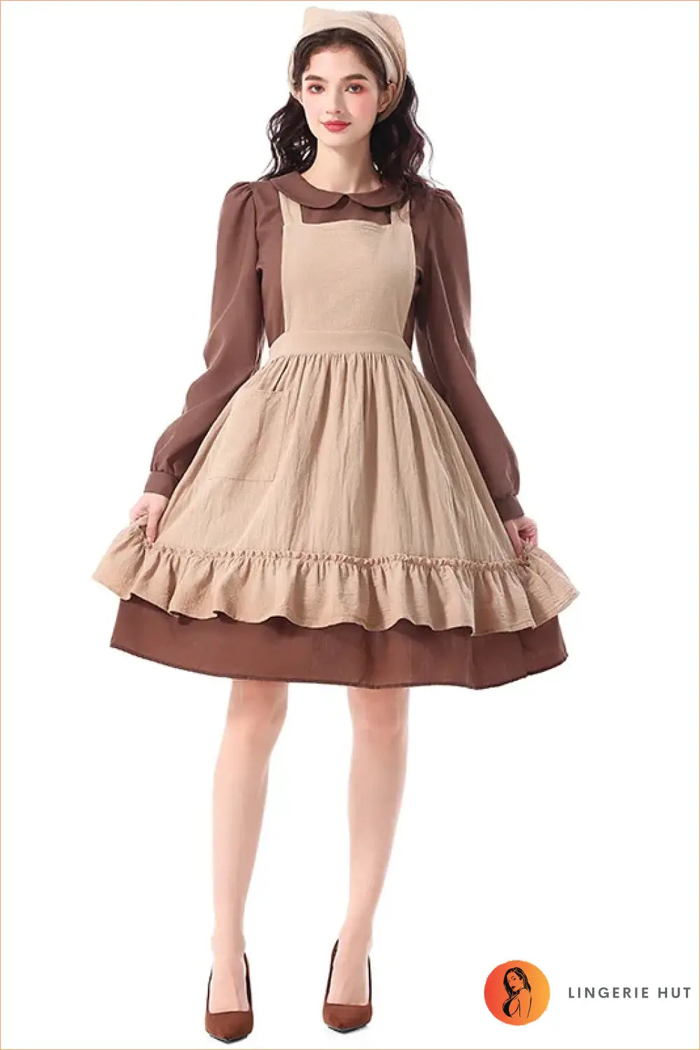 Prairie Maid Costume with Pinafore Apron - Countryside Charm - Brown / s - Halloween • just in • Party - Lingerie Hut