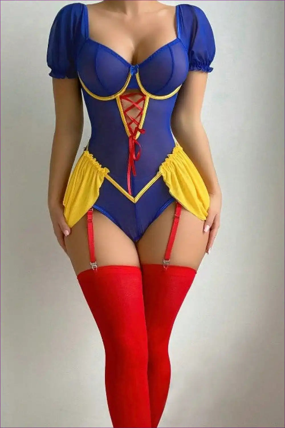 Princess-inspired Lace-up Teddy - Blue and Yellow Cosplay Lingerie for Bodysuit, Boudoir, Costume, Garter,