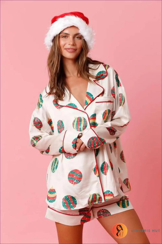 Santa Print Button Front Pyjama Set