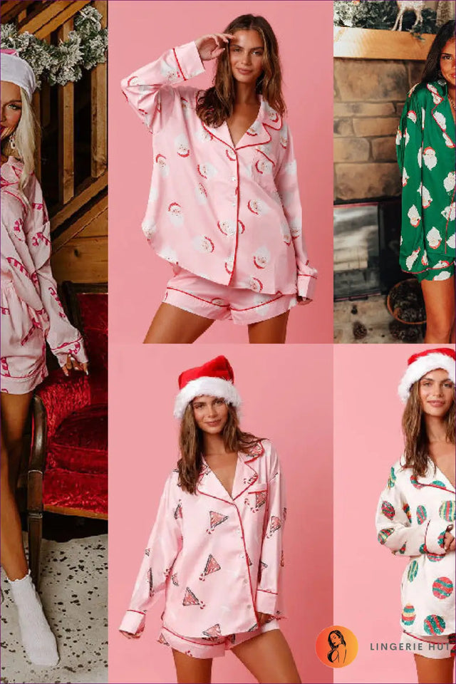 Santa Print Button Front Pyjama Set