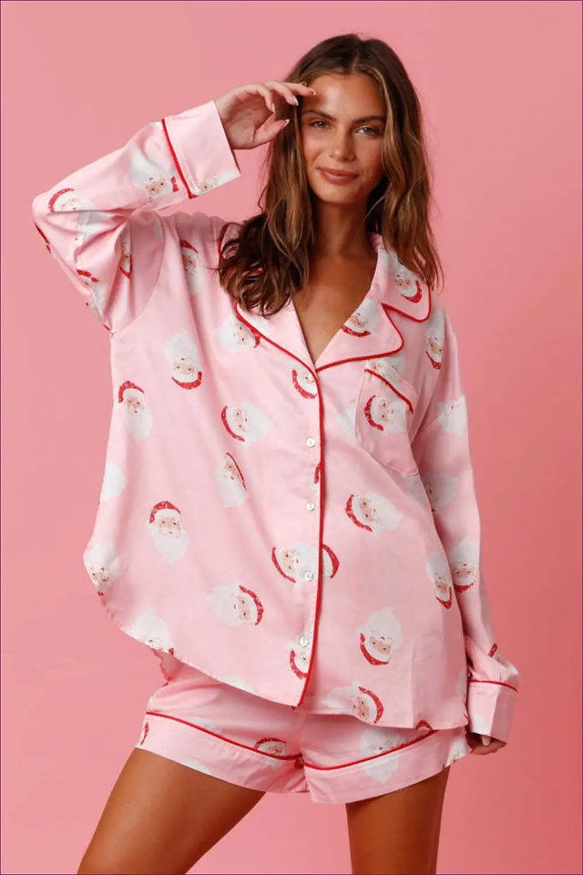 Santa Print Button Front Pyjama Set