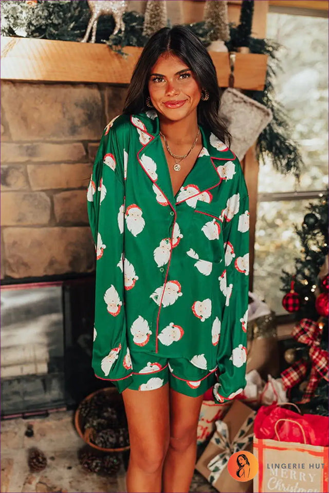 Santa Print Button Front Pyjama Set