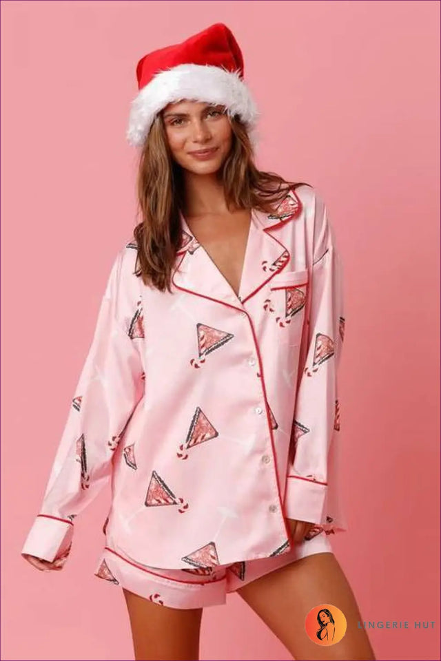 Santa Print Button Front Pyjama Set