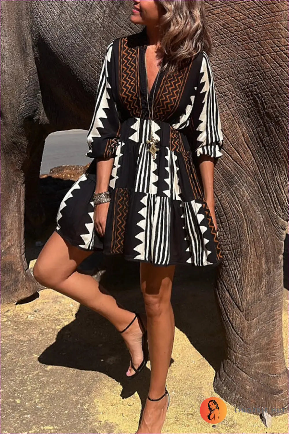 Printed A-line Mini Dress - Effortless Boho Energy - s / Black - Dresses - Lingerie Hut - Casual • Date Night