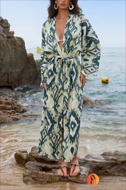 Printed Long Kimono Beach Cover Up with Tie Waist - Island Escape - one Size / Green - Loungewear Set - Casual