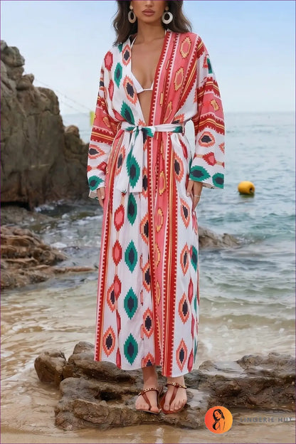 Printed Long Kimono Beach Cover Up with Tie Waist - Island Escape - one Size / Red - Loungewear Set - Casual • Everyday