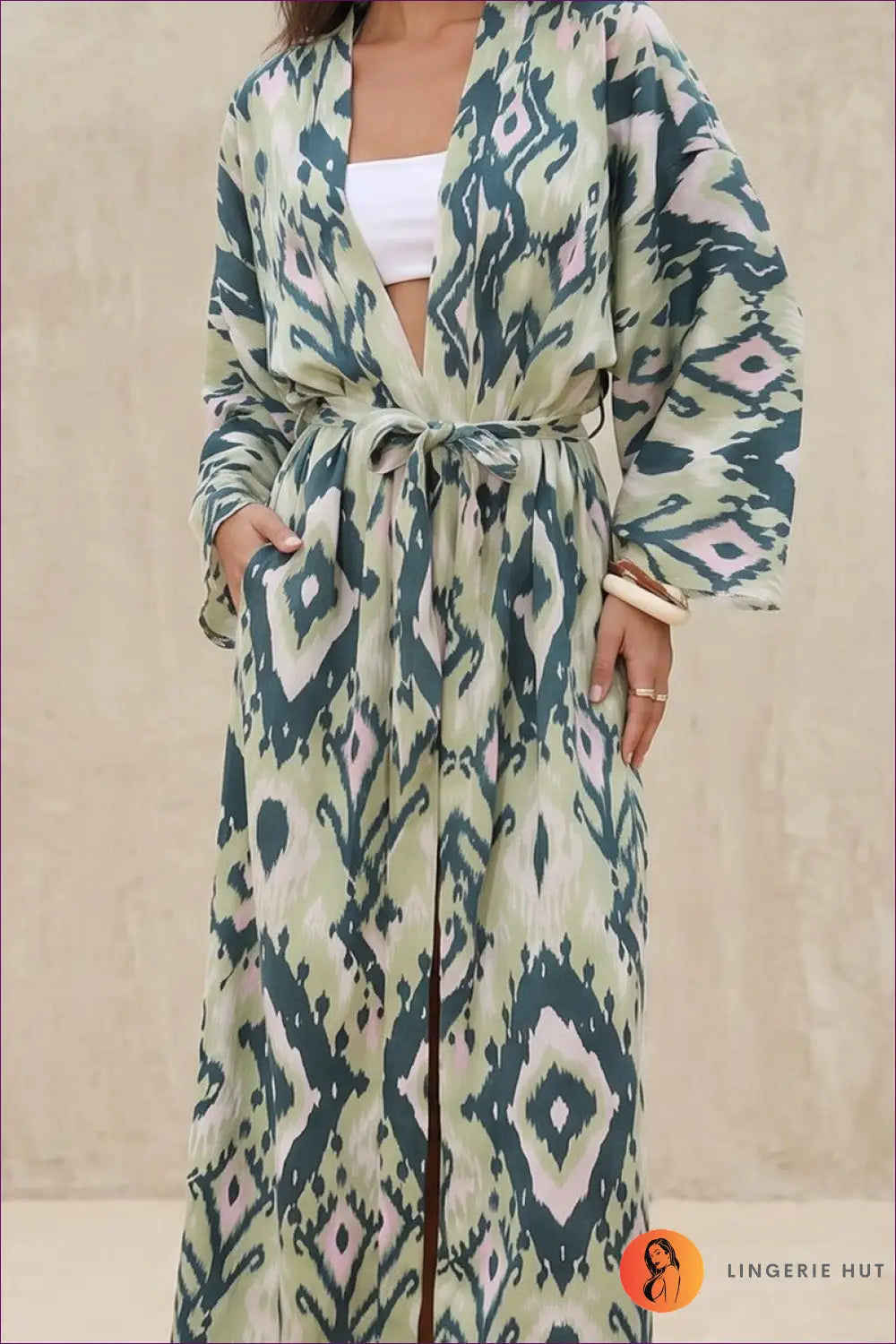 Printed Long Kimono Beach Cover Up with Tie Waist - Island Escape - Loungewear Set - Casual • Everyday
