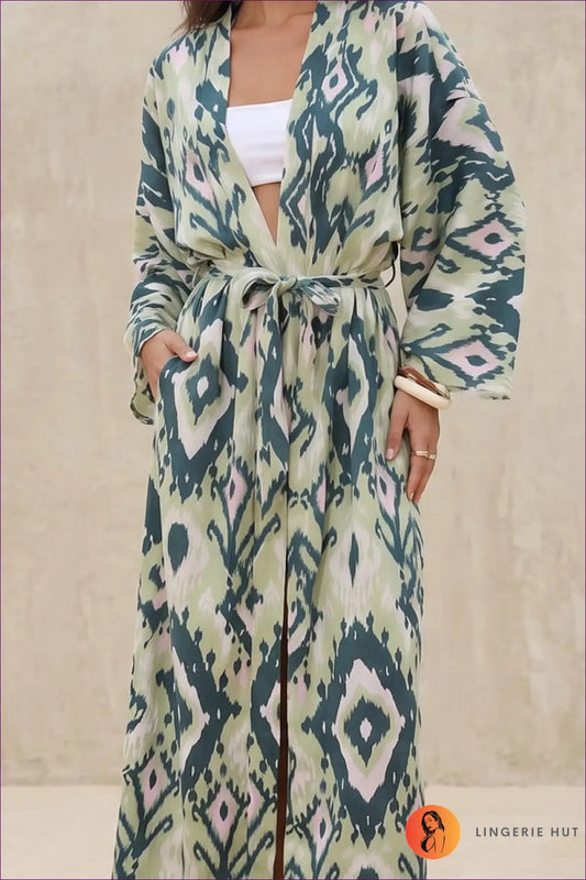 Printed Long Kimono Beach Cover Up with Tie Waist - Island Escape - Loungewear Set - Casual • Everyday