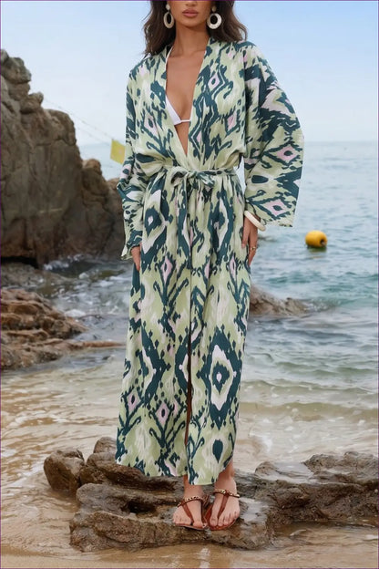 Printed Long Kimono Beach Cover Up with Tie Waist - Island Escape - Loungewear Set - Casual • Everyday