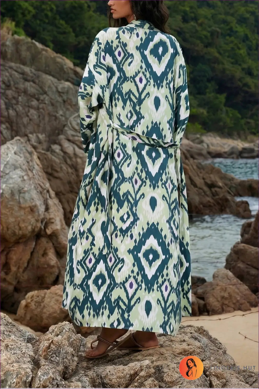 Printed Long Kimono Beach Cover Up with Tie Waist - Island Escape - Loungewear Set - Casual • Everyday