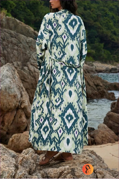 Printed Long Kimono Beach Cover Up with Tie Waist - Island Escape - Loungewear Set - Casual • Everyday