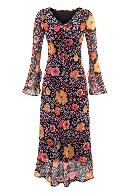 Printed Maxi Dress with Ruffle Hem and Tie Waist for Boho, Casual, Everyday, Floral,