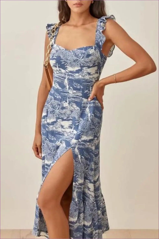 Printed Midi Dress with Ruffle Straps - Garden Party Ready - Dresses - Lingerie Hut - A-line • Casual • Cutout
