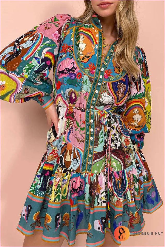 Printed Mini Dress with Lantern Sleeves - Weekend Escape Edit