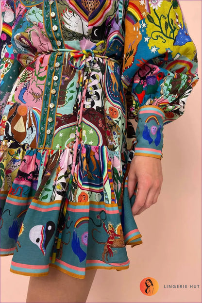 Printed Mini Dress with Lantern Sleeves - Weekend Escape Edit - Dresses - Lingerie Hut - A-line • Boho • Casual • Cotton