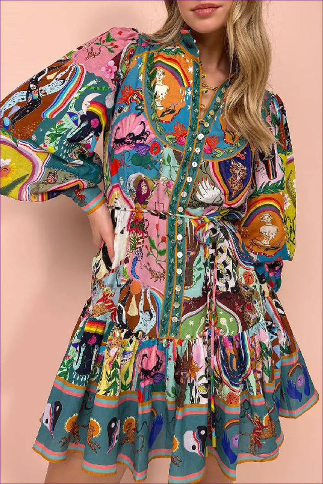 Printed Mini Dress with Lantern Sleeves - Weekend Escape Edit