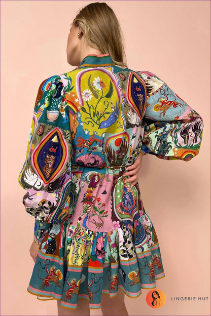 Printed Mini Dress with Lantern Sleeves - Weekend Escape Edit - Dresses - Lingerie Hut - A-line • Boho • Casual • Cotton