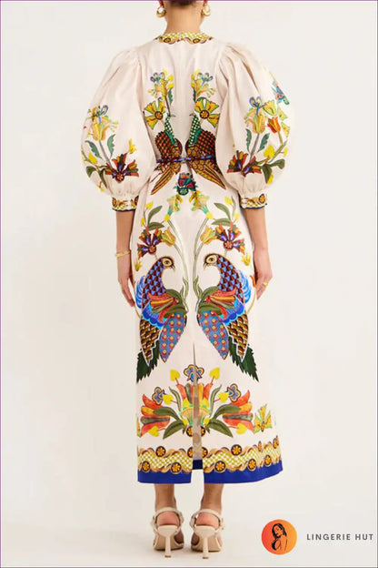 Printed Puff-sleeve Maxi Dress with Ornate Peacock Motif for Dress, Floral, Formal Wear, Maxi, Party