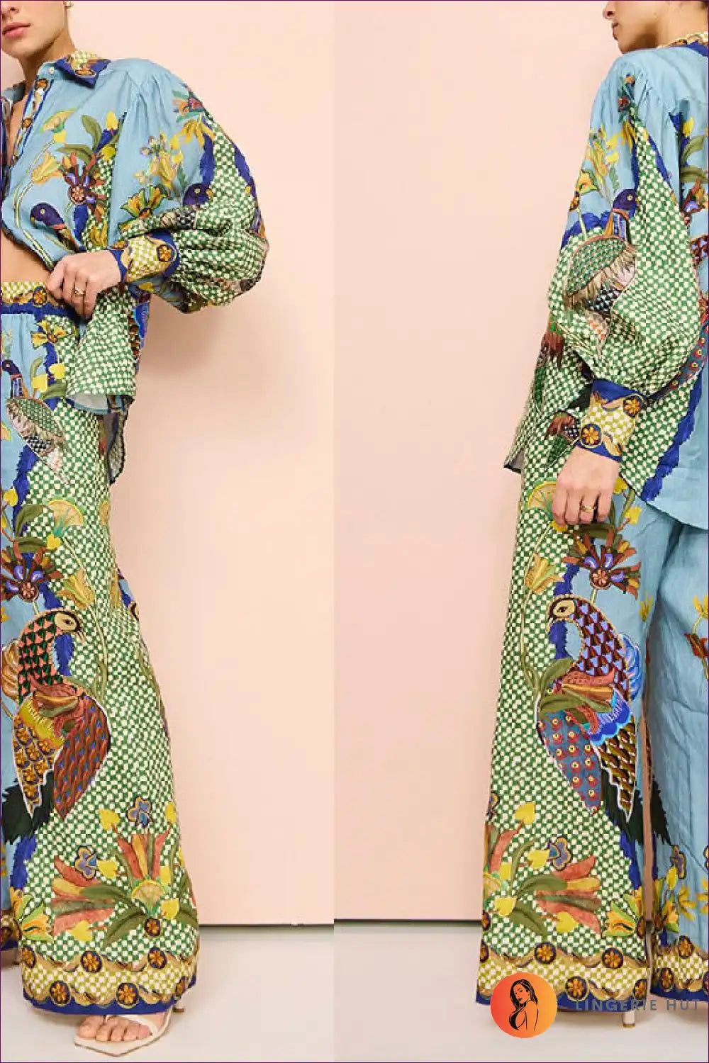Printed Puff-sleeve Shirt and Wide Trousers Set - Resort Co-ord for Boho, Casual, Cotton, Evening Wear, Floral