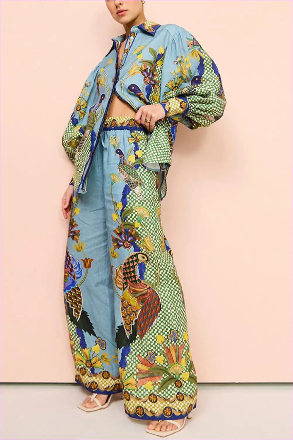 Printed Puff-sleeve Shirt and Wide Trousers Set - Resort Co-ord for Boho, Casual, Cotton, Evening Wear, Floral