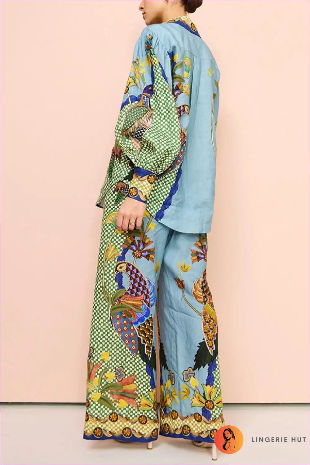 Printed Puff-sleeve Shirt and Wide Trousers Set - Resort Co-ord for Boho, Casual, Cotton, Evening Wear, Floral