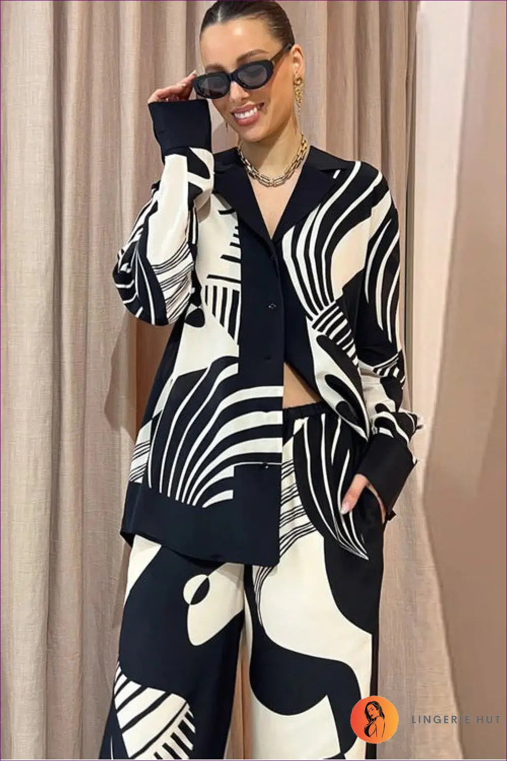 Printed Pyjama Set with Long Sleeves - Luxe Nights in - Sleepwear & Loungewear - Lingerie Hut - Autumn • Casual