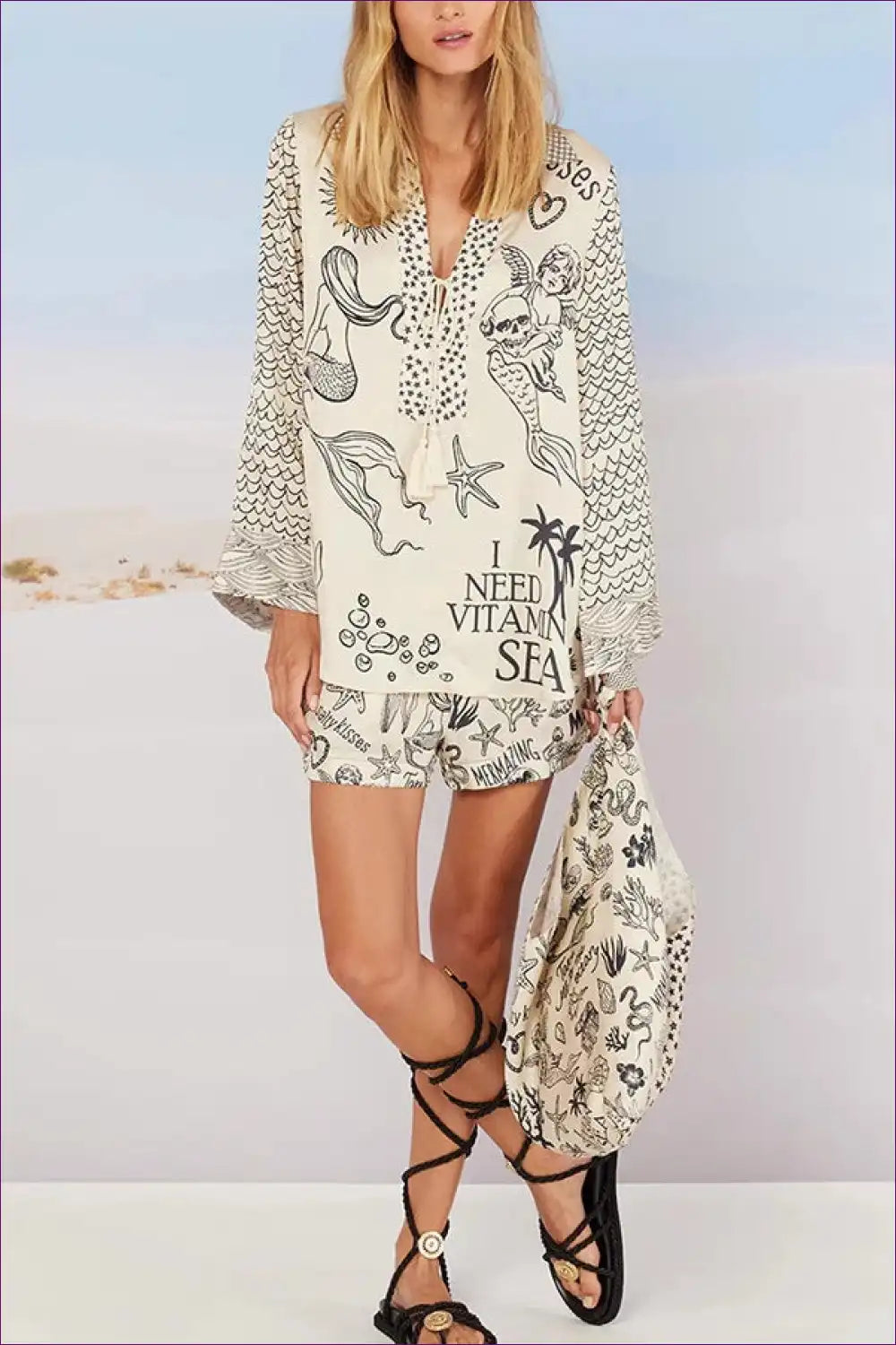 Printed Satin Shirt and Shorts Set - Playful Resort Statement for Autumn, Casual, just In, Loungewear, Pj