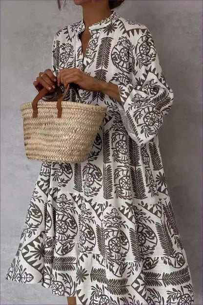 Printed Shirt Dress with 3/4 Sleeves - Effortless Daytime Chic for Autumn, Boho, Casual, Everyday,