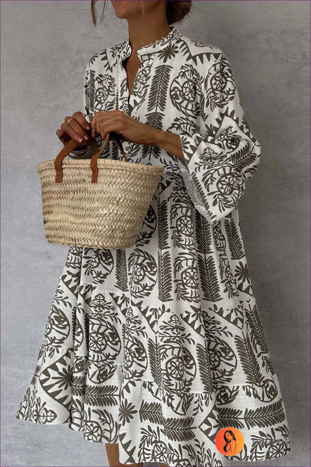 Printed Shirt Dress with 3/4 Sleeves - Effortless Daytime Chic