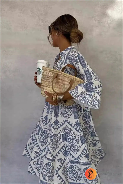 Printed Shirt Dress with 3/4 Sleeves - Effortless Daytime Chic for Autumn, Boho, Casual, Everyday,